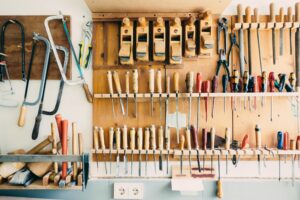 Woodworking tools organized on a wall